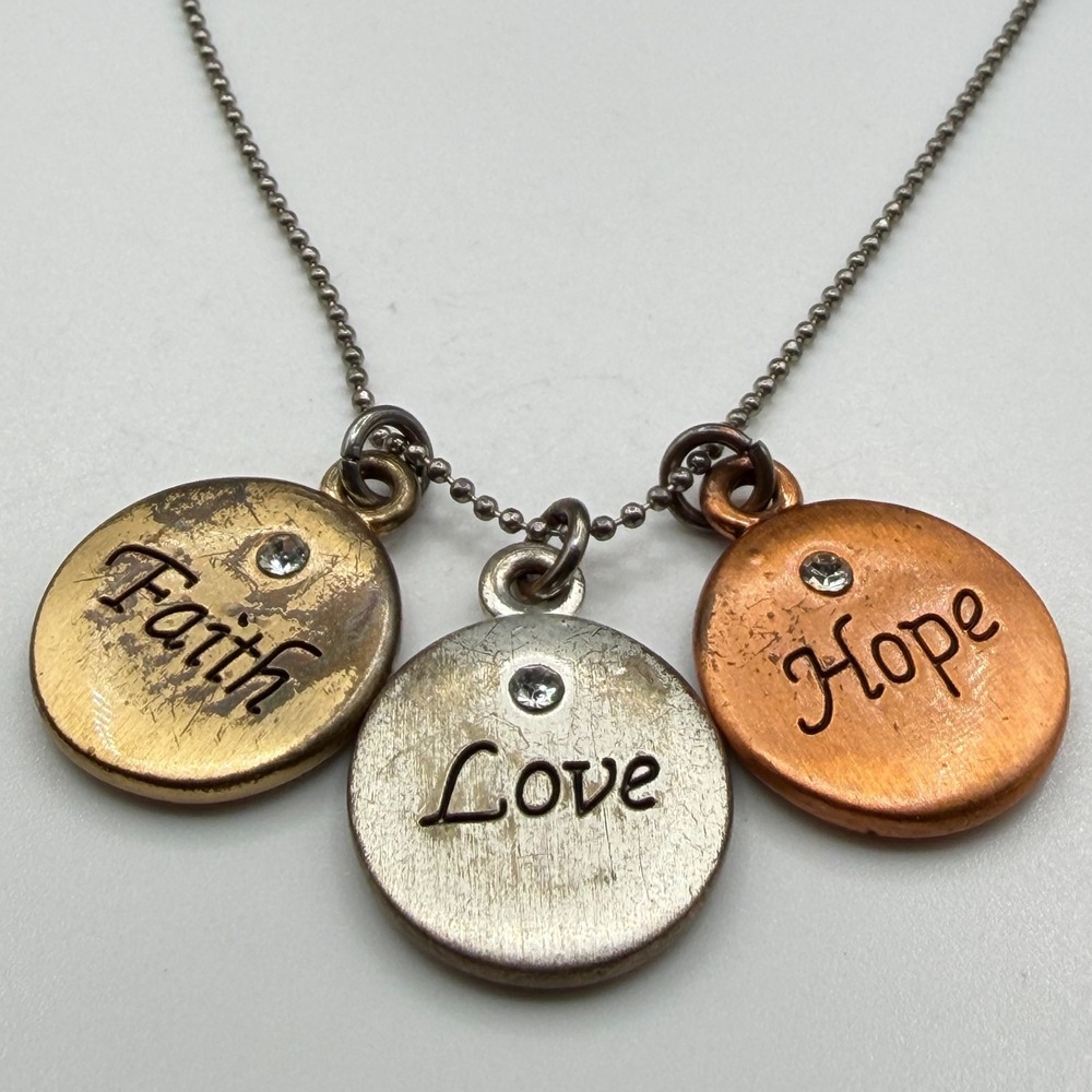 Faith Love Hope Rhinestone Charm Pendant Necklace Mixed Metal Inspirational Gift